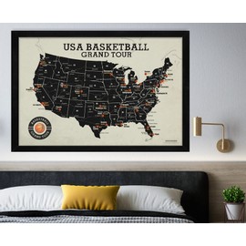 GEOJANGO Basketball Arena Map, Sports Gift For Basketball Fans - Track your Sport Travels - Framed Map, Rolled Poster, Or Stretched Canvas - Includes 35 Red Map Push Pins…