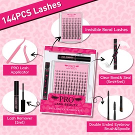 PRO DIY Lash Clusters Kit 144Pcs Lash Extension Kit Wispy Natural Individual Clear Band Lashes D Curl Transparent Invisible Stem Clusters Eyelash Extension Kit with Lash Bond and Seal Lash Applicator Remover(Leaf-D-8-16mix)