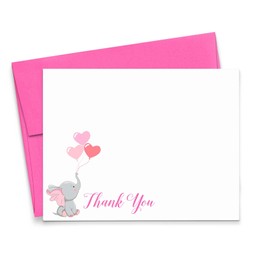 Pink Elephant Baby Shower Thank You Cards with Envelopes (FLAT Note Cards), Elephant Baby Shower Thank You Notes Girl, Your Choice of Quantity and Envelope Color