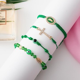 Handmade Braided & Beaded Bracelet Set 4pcs/ set - Fashion Matching & Adjustable Size Cross Decor Accessories for Daily Wear:_green set 