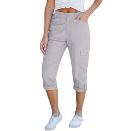GRAPENT High Waisted Pants for Women Travel Pants Women Fashion Clothing Womens Casual Outfits Ladies Cargo Pants Grey High Waisted Capris with Pockets Color Light Gray Large Size 12 Size 14