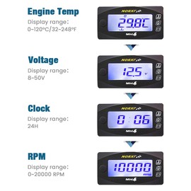 Motorcycle 4-in-1 Multifunction Gauge Mini 4 Meter (RPM Tachometer+Cylinder Head Temp+Voltmeter+Clock) 4in1 Multi-Functional Gauge Digital Multimeter Engine Temperature Meter (14mm, Right)