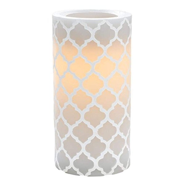 Sterno Home CGT11849GY Carved Quatrefoil LED Flameless Pillar Candle with 5-Hour Timer, 6 inch, Gray