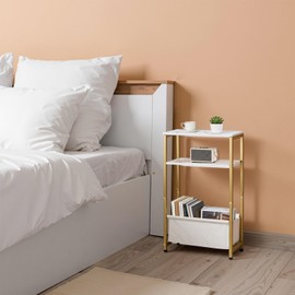 NovaNoka Narrow Side Tables Set of 2 for Small Spaces, Slim End Tables with Fabric Storage Basket, Thin Bedside Table with Faux Marble Tabletop for Living Room, Bedroom, Gold