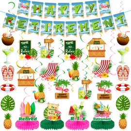 Luau Hawaiian Retirement Party Decorations,47Pcs Tropical Retirement Party Decorations with Happy Retire Banner Hanging Swirls Honeycomb Centerpieces for Summer Beach Retire Celebration Supplies