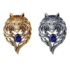 Vintage Wolf Head Lapel Brooch Pin,Cool Animal Wolf Crystal Collar Brooch Suit Pin Domineering Wolf Badge for Men Women Birthday Gift (Gold Silver)