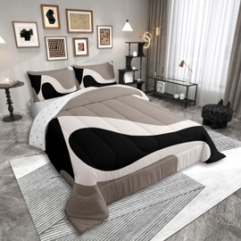Erosebridal Black Beige Striped Comforter Set Full Size,Boho Modern Geometric Abstract Bedding for Women Men Adults,Geometry Stripes Bold Lines Quilt,Minimalist Stylish Art Bedding Comforter Sets