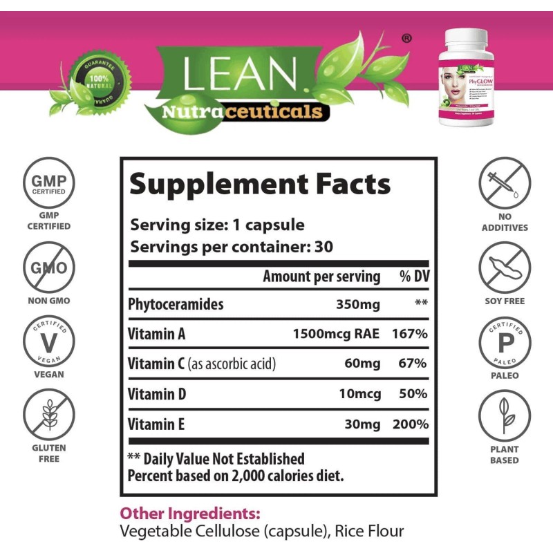 Lean Nutraceuticals Phytoceramides 350mg Ceramide Skin Care Hydration Moisture Restoring
