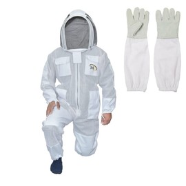 MS 3 Layer Bee Suit with One Pair Bee Gloves Beekeeping Suit with Fencing Veil (Large, White)