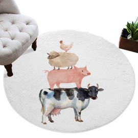 Shag Area Rug, 3ft Indoor Round Area Rugs- Cow Pig Sheep Chicken Farmhouse Animal Pattern Shaggy Carpet Nursery Rug for Kids Baby Bedroom Living Room Home Decor