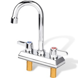 Commercial Bar Sink Faucet,4 Inch Center Deck Mount Bar Sink Faucet，2 Hole Brass Constructed,Chrome Polished with 3.8" Gooseneck Spout and 90°Rotatable Dual Lever Handles.