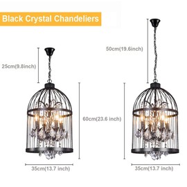 LUOLAX Industrial Vintage Lighting Fixture Black Finish Metal Birdcage Crystal Ceiling Chandelier 4 Lights Hanging Pendant Ceiling Lamp for Kitchen Dining Room