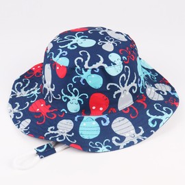 FUYAO Baby Sun Hat Kids Toddler Boys Beach Sun Protection Hat Summer Play Hats Adjustable Chin Strap Bucket Hat (UK, Age, 2 Years, 4 Years, Navy Octopus)