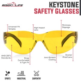 BISON LIFE Keystone Series Safety Glasses | One Size, Color Protective Polycarbonate Lens - Black Temple, 6 Yellow and 6 Green (12 pairs in 1 box), 144-Pairs