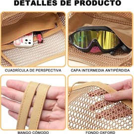 Bolsa de Playa para Mujer, Alta Capacidad Bolsa de Playa de Malla, Bolso de Hombro de Malla Plegable Totes para Mujer Grande Bolsas de Mano con Compartimento Cremallera y 4 Bolsillos para Playa