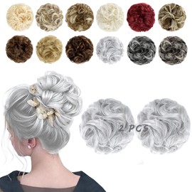 FeidyLong 2 PCS Messy Bun Hair Piece Wavy Curly Hair Bun Scrunchies Extensions Synthetic Chignon Thick Updo Hairpieces for Women Girls(Silver Grey)