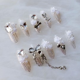 [GLORS] Luxury Press On Nails, White Camellia Design with Rhinestones and Bows, Long Stiletto Style (S, LS)