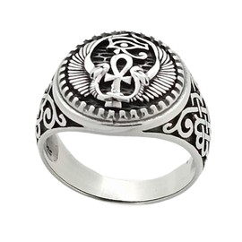 Chunky 925 Sterling Silver Ancient Egypt Eye Ring for Men - Featuring Wings Cross Design Details (T)