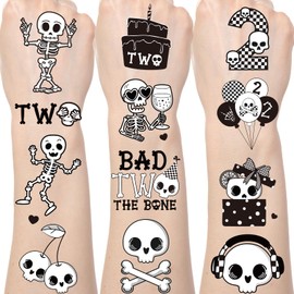 Bad Two the Bone Temporary Tattoos - Yoyuspy 200+ Bad Two the Bone Party Decorations Favors Supplies 2nd Birthday Decorations Funny Black White Skeleton Skull Tattoo Stickers Rewards for Boys Kids