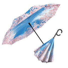 RainCaper Reverse Inverted (inside-out) Windproof Fine Art Cherry Blossoms Reverse-opening Upside Down Umbrella with C-shaped Handsfree Handle Umbrella