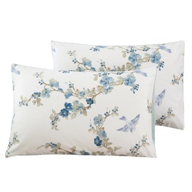 WINLIFE 100% Cotton Pillowcases Queen Size Blue Floral & Birds Printed Pillow Cover 2 Pack, Super Soft Envelope Closure Queen Pillow Case Set (Queen, 20"x30")