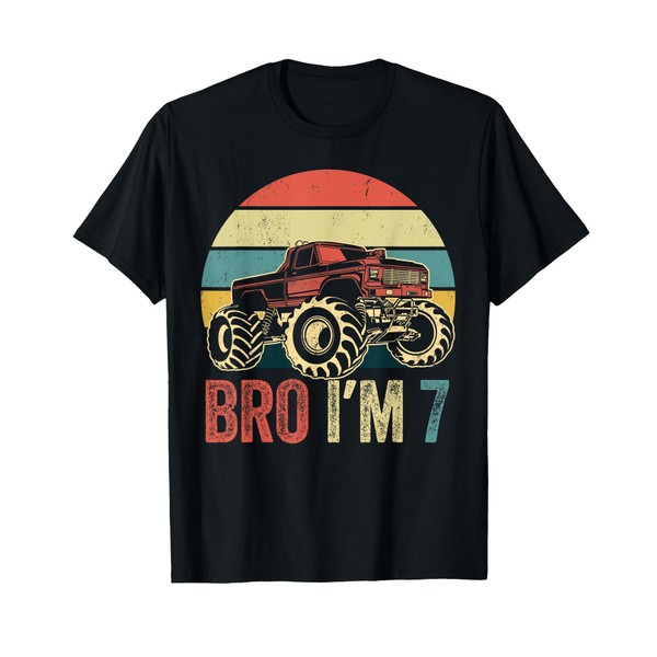 Bro I'm 7 Monster Trucks 7th Birthday Boy Jam Retro