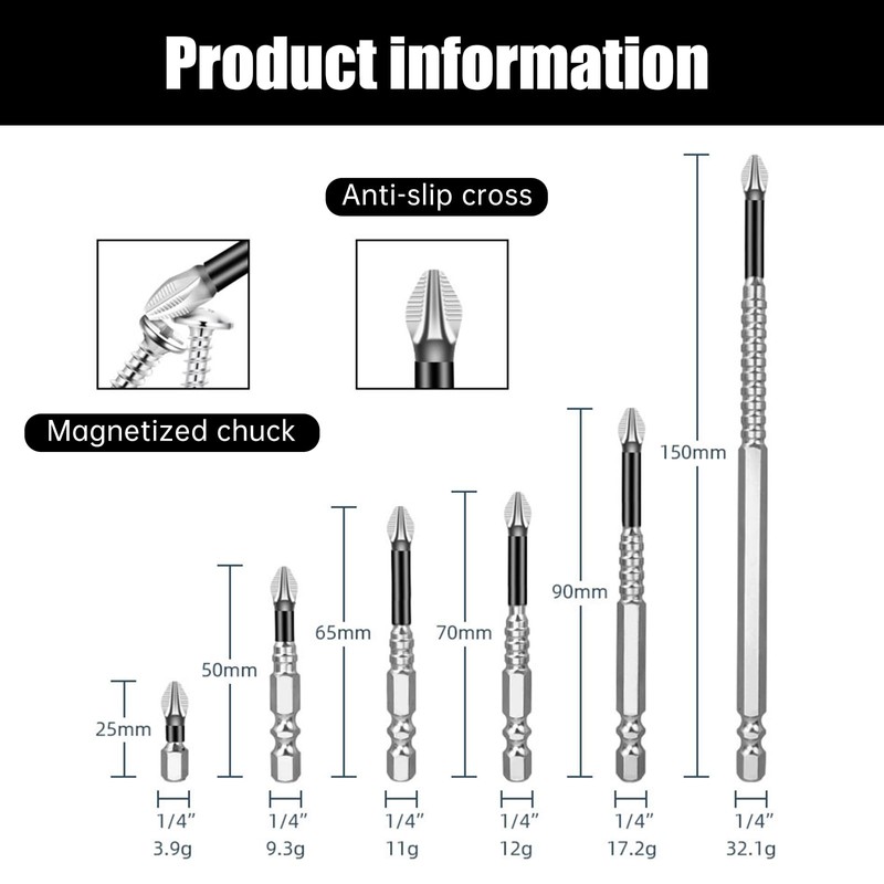6PCS High-Magnetic Screwdriver Bits, 25–150 mm Anti-Slip Set for Impact