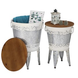 RUSTOWN Farmhouse Accent End Table, Rustic Antique Galvanized Side Coffee or Cocktail Table, Storage Metal Bin with Round Wood Lid Set of 2 (Distressed White)