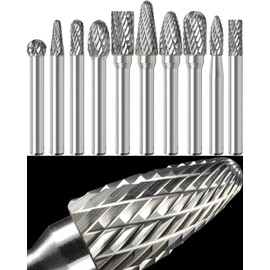 Sworker 10Pcs Carbide Burr Set 1/4 Shank w/Clear Box Max Head Dia 10mm Die Grinder Bits Rotary Tools Attachment Kit Rasp Accessories Metal Wood Stone Steel Grinding Deburring Cutting Porting Carving