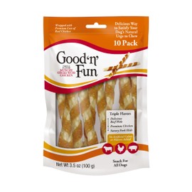 Good 'n' Fun Triple Flavor Munchy Sticks Chews for Dogs, 10 Count, Snack for All Dogs Made with Beef Hide, Chicken and Pork Hide