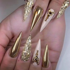24 Pcs Stiletto Press on Nails Long Champagne Gold Fake Nails with Rhinestone Designs Glossy Full Cover Glue on Nails Exquisite Design Press on False Nails for Finger Decorations
