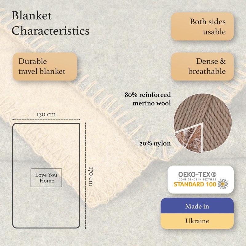 LYHome Merino Wool Blanket, Travel Blanket, Picnic Blanket, Camping Blanket,