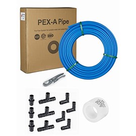 Pex-A Pipe DIY/Repair Kit: Pex-A Tubing1/2 Inch x100 ft Blue, 10 PCS 1/2" Poly PPSU Expansion Fittings, 30 PCS 1/2" Expansion Rings, Pipe Cutter (Blue)