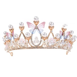 Tiaras Crown for Women, Bride Royal Queen Crown Pearl Rhinestone Princess Headband Quinceanera Hair Acessories Tiaras and Crown Jewelry for Porm Party (Gold Butterfly Pearl)