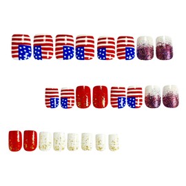 24Pcs 4th of July Press on Nails Short Square Fake Nails with Gradient Glitter Glue on Nails American Flag Acrylic Nails Independence Day Patriotic False Nails Red Blue White Stick on Nails for Women