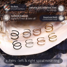 BodyBonita 2-8 Pieces Soft Nose Ring Made of 316L Stainless Steel with Double Hoop for Single Piercing 22G 20G 18G Flexible Twisted Spiral Piercing Ring for Women Men 8mm 10mm, Stainless Steel, No