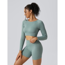 Buttergene Women Workout Sets 2 Pieces Long Sleeve Yoga Outfits Gym Clothes Seamless Ribbed Crop Top High Waist Leggings