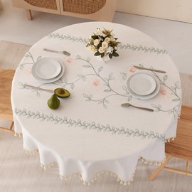 SUCHDECO Round Tablecloth 120cm - Cotton Linen Fabric Table Cloth with Tassel, Leaf Floral Embroidery Tablecloth Washable Table Cover Circular Tablecloths for Kitchen Dining Room Party, Beige&Green