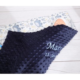 BotoBaby ★ Double Layer Baby Blanket with Name and Date Embroidered ★ Minky ★ Cotton ★ Filling ★ (Navy Blue - Aquatic Animals, 75 x 100 cm)