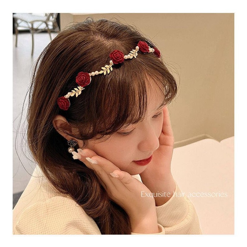 Red Rose Pearl Headband Princess Flower Crown Hair Accessories Gold
