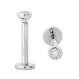 16G 14K White Gold Bezel Set 2mm (0.035ct) Diamond Labret Monroe Stud 8mm Post Flat Disk Bottom Lip Ring Tragus Stud Internally Threaded 14KLBRT-BZ20WD8WG