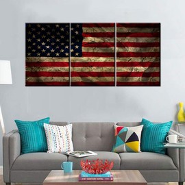 Native American Wall Decor Vintage USA Flag Grunge Paintings for Living Room Patriotic Concept Pictures 3 Panel Red Canvas Artwork Giclee Home Decoration Frame Stretched Ready to Hang (60''Wx28''H)