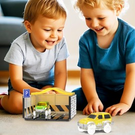 PicassoTiles Magnetic Tiles Race Car Track Kit Parking Garage Expansion Pack with 2 Cars Magnet Tile Building Blocks Educational Toy Learning Kit Pretend Play Construction Set Kids Child Ages 3+ PTR07