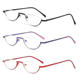 MMOWW 3 Pack Half Frame Reading Glasses for Women Men Slim Half Moon Lens Readers Semi Rimless Metal Frame Spring Hinges (Black/Purple/Red +3.5