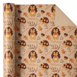 WRAPAHOLIC Kraft Autumn Wrapping Paper - Mini Roll - 17 Inch x 33 Feet - Hedgehog and Autumn Lettering Design for Fall, Thanksgiving, Party, Holiday
