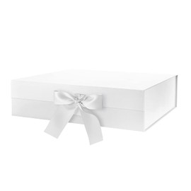 BLK&WH Large Gift Box with Ribbon 13.5x9x4.1 Inches, White Gift Box with Lid Large, Bridesmaid Proposal Box, Luxury Magnetic Box for Presents (Glossy White)
