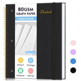 Graph Paper Notebook,1 Subject 80GSM Thick Grid Paper Notebook 8" x 10-1/2", Hardcover Spiral Notebooks for School Work Women Men, Graphing Notebook Journal for Writing,3-Hole Punched Perforated Black