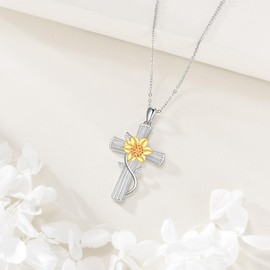 DAYLINLOVE Cross Sunflower Necklace 925 Sterling Silver Sunflower Pendant Jewellery Gift for Women