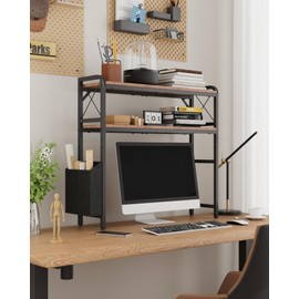 VERSASKY Desktop Shelves, Monitor Stand with Adjustable Shelves and Side Pockets, 2-Tier Desktop Bookshelf Organizer, Large Capacity Display Shelf Rack, Desk Hutch for Home Office, Rustic Brown