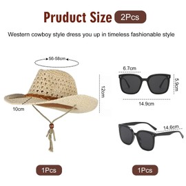 SLAXJNE 1 Hollow Cowboy Hat, 1 Pair of Sunglasses, Retro Cowboy Hat, Adjustable Cowboy Hat, Wide Brimmed Sun Hat, Summer Sun Protection Straw Hat, Suitable for Hiking, Fishing and Camping, beige